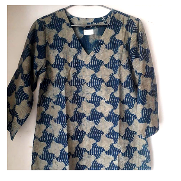Blue Cotton Dabu Printed Top